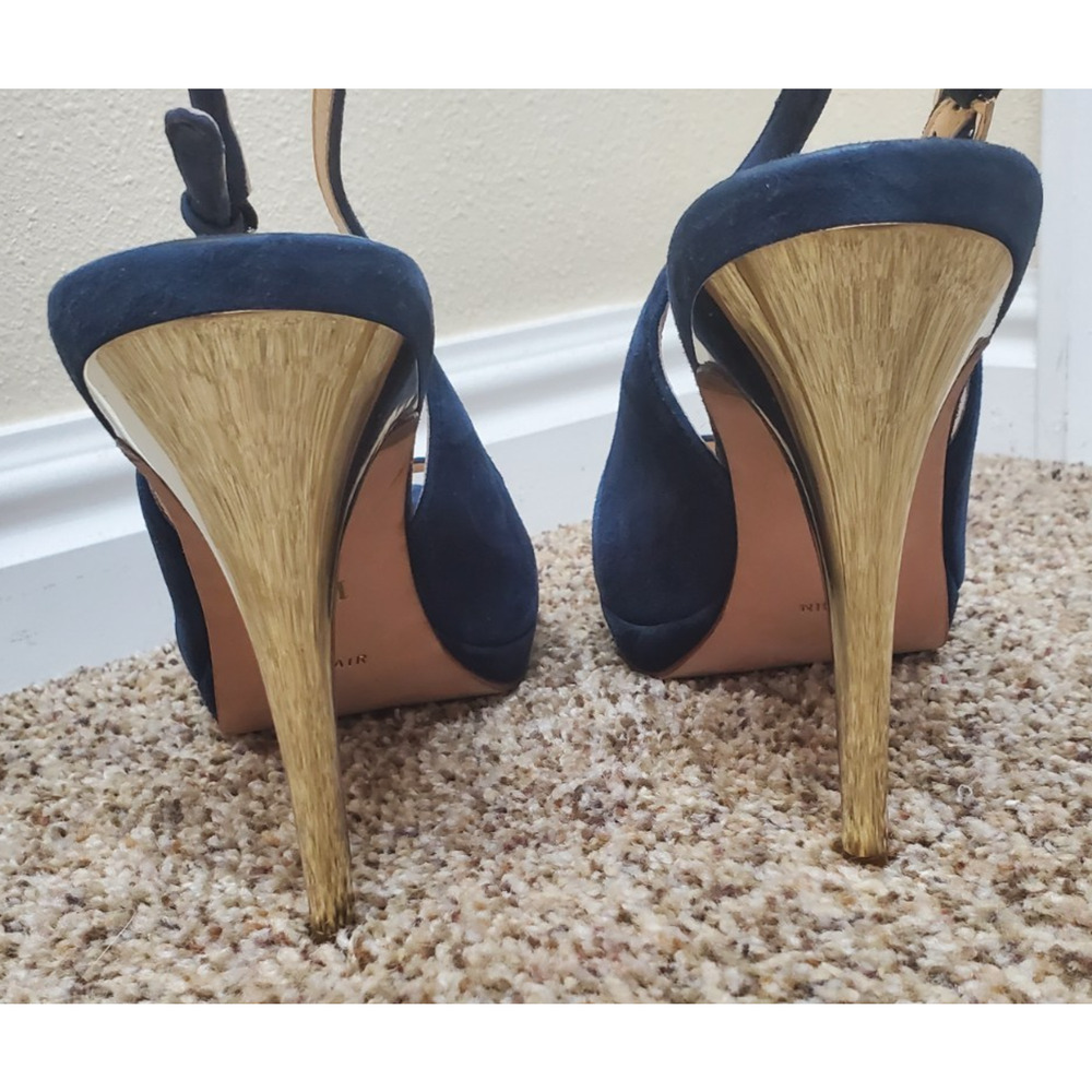 Cole Haan Blue Suede Slingback Peep Toe Heels Gold Heel Womens 10B - Picture 3 of 8
